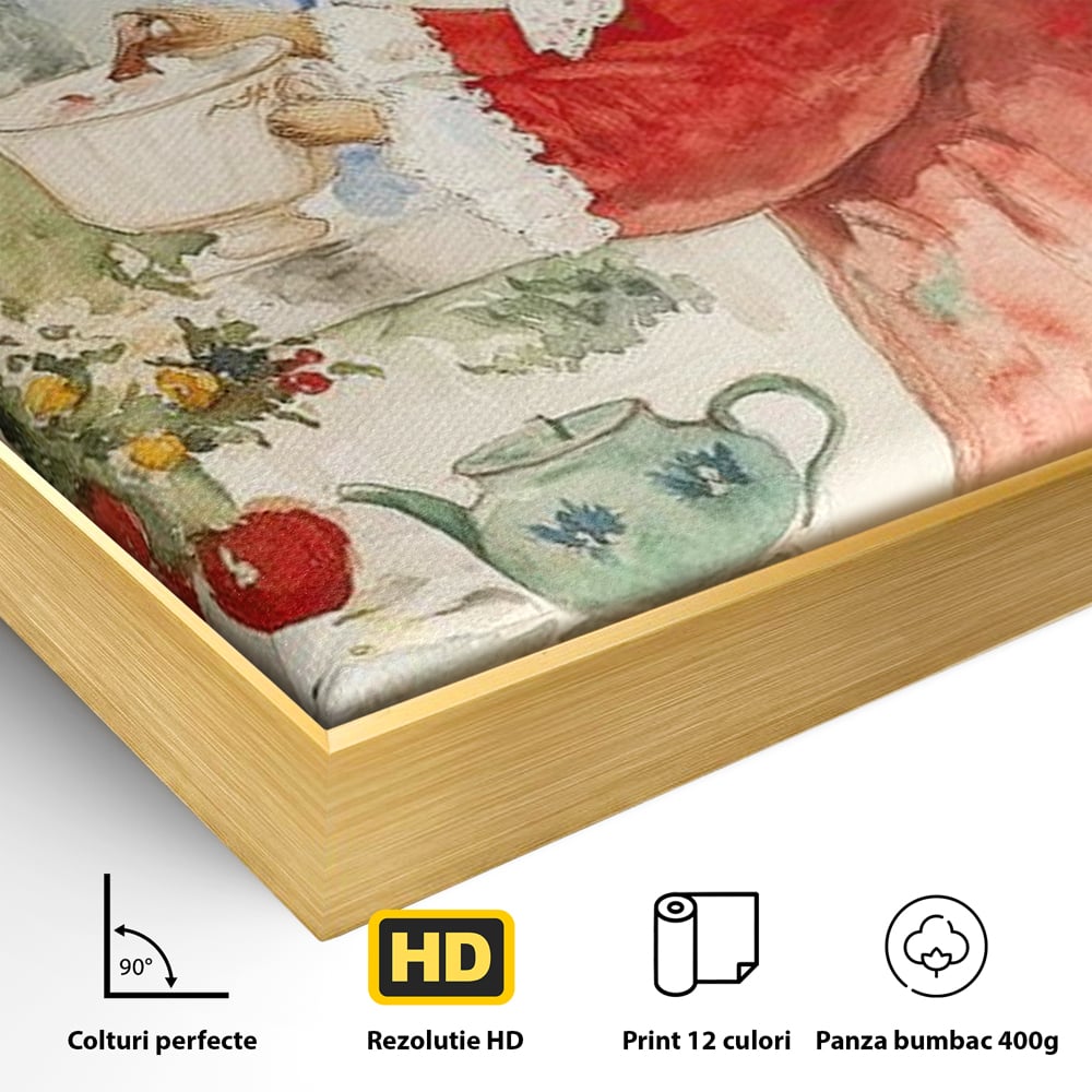 Detaliu al suprafetei: tablou canvas cu iepuras care bea ceai, in rama de aluminiu auriu